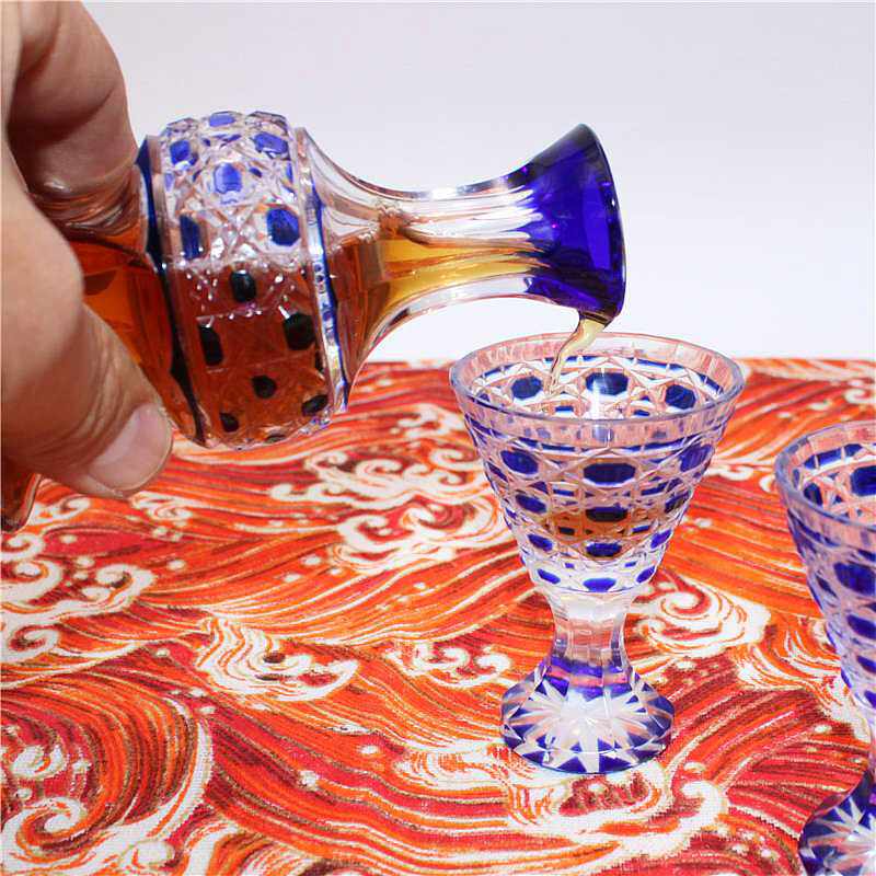 日式江户切子清酒壶清酒杯烈酒杯蓝色水晶玻璃杯子手工刻花杯家用