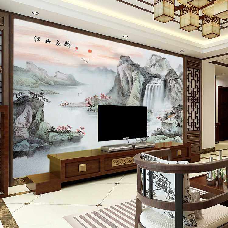 明艳瓷砖背景墙 新中式电视背景墙微晶石电视墙山水画客厅影视墙