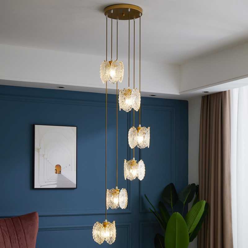 法式轻奢复式楼梯吊灯圆形旋转长吊灯简约后现代别墅复古客厅灯具