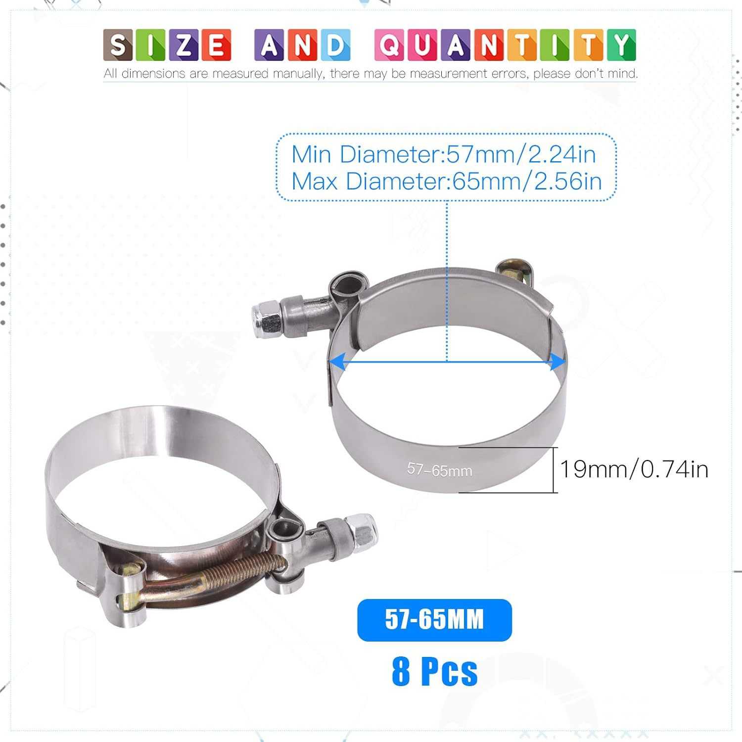 Glarks 8Pcs 57-65mm 不锈钢 T 型螺栓软管夹涡轮进气软软管中间