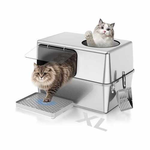 亚马逊超大号不锈钢猫砂盆子防溅砂猫厕所高围栏耐磨宠物用品