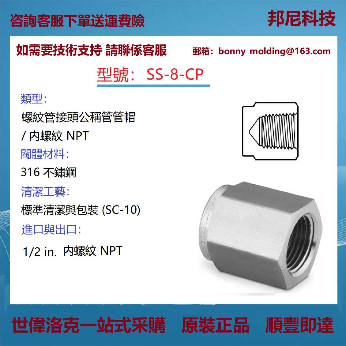 SS-8-CP世伟洛克不锈钢公称管接头，公称管管帽1/2 in. 内螺纹 NP