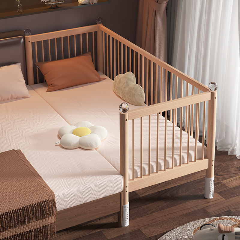 米氏木语榉木儿童拼接床无缝拼接加宽床一床多用护栏可拆卸婴儿床