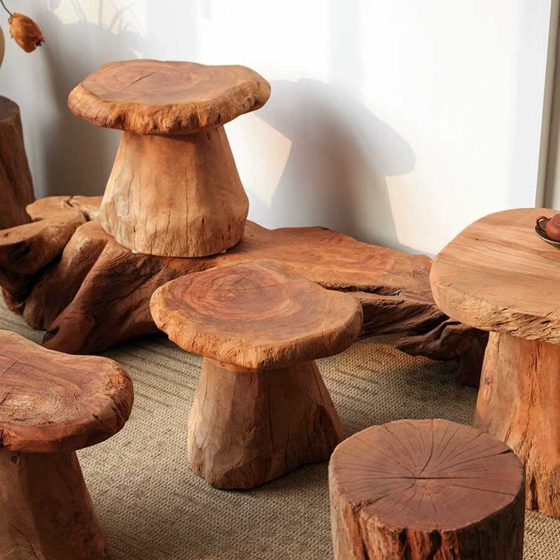 侘寂风蘑菇d凳木墩创意客厅矮凳边几复古艺术换鞋凳圆凳子摆件底
