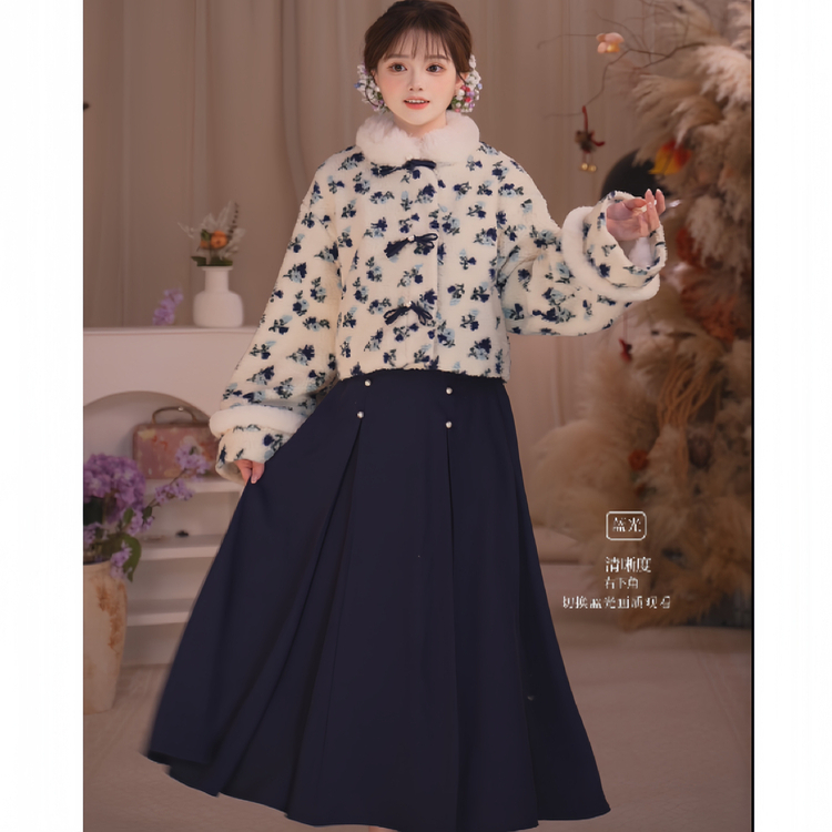 瑶西【蓝花镜】新中式碎花毛绒圆领短外套国风藏蓝大摆裙两件套