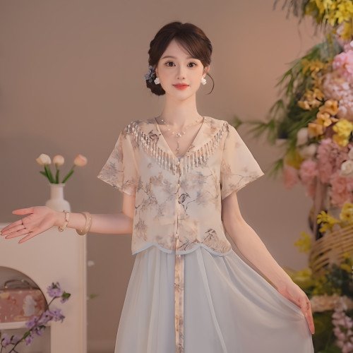 瑶西时序汉服短袖吊带连衣裙套装