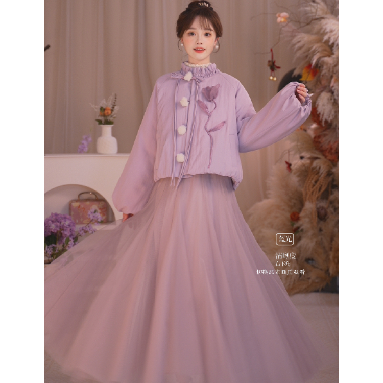 瑶西【紫郁金香】冬季立体毛球郁金香厚外套仙雾紫加绒半身裙套装