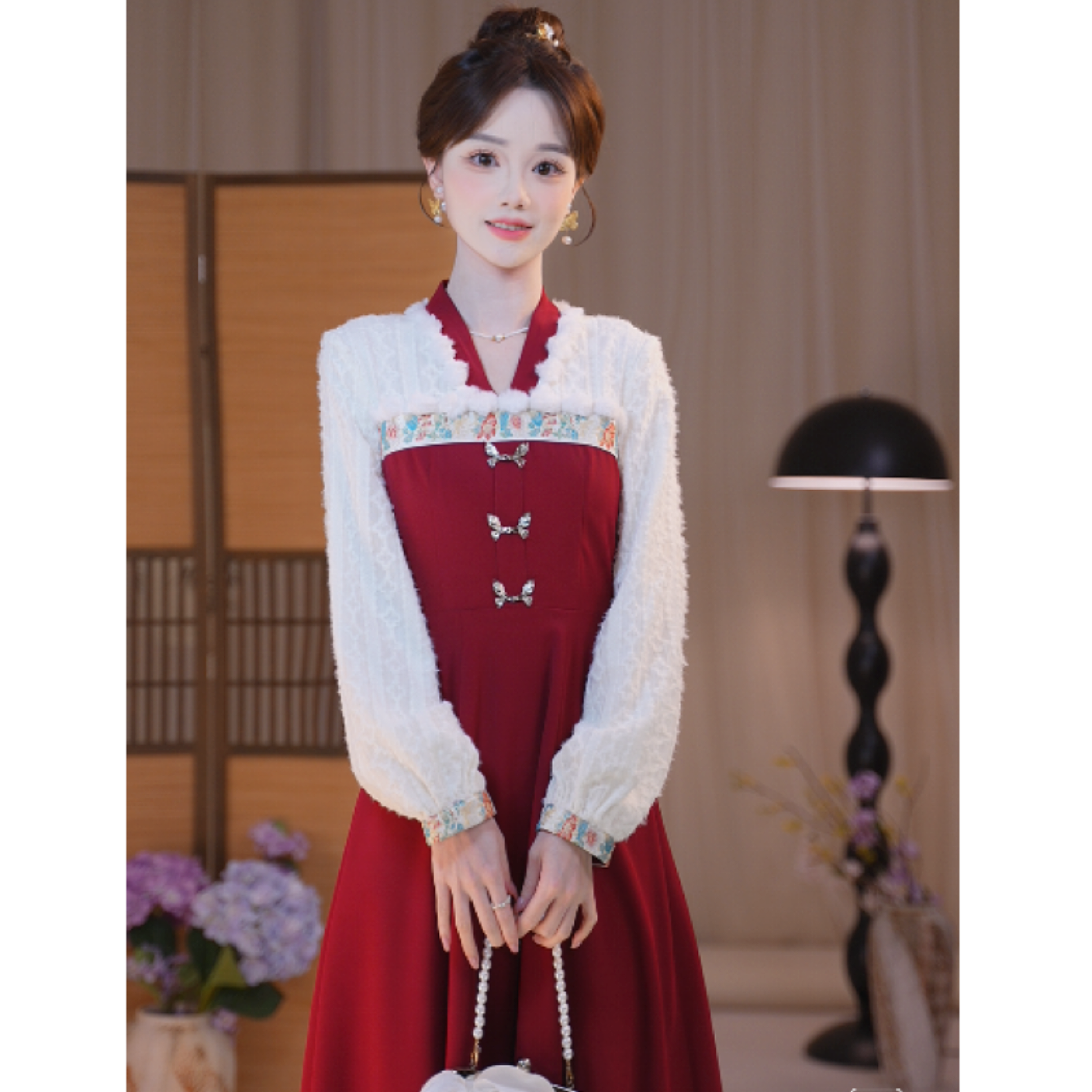 瑶西【暖岁】红色复古长袖裙冬季厚款新中式改良绣花汉元素汉服