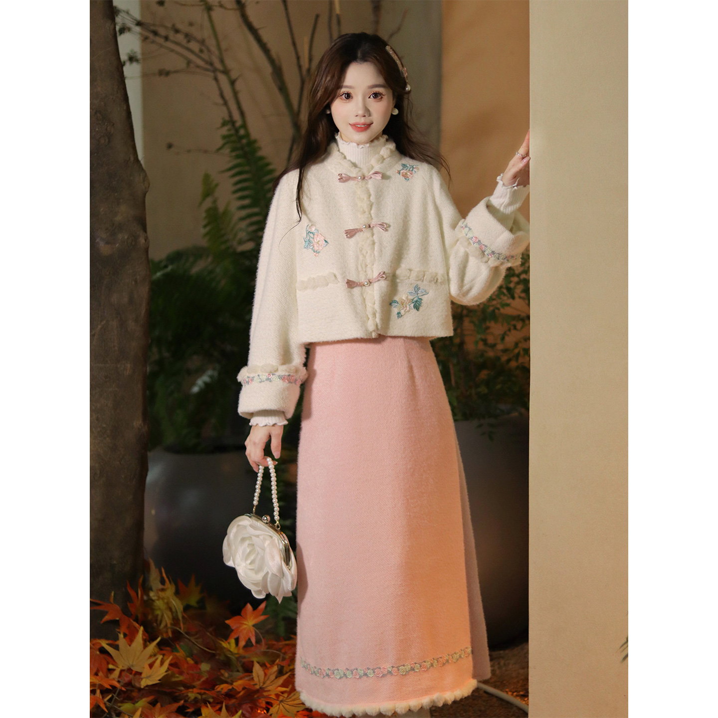 瑶西白粉如霜粉色半裙汉服套装