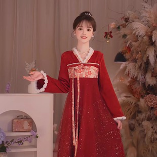 瑶西【红裕鎏金】冬季国风原创新款丝绒洒金长袖国风汉服连衣裙