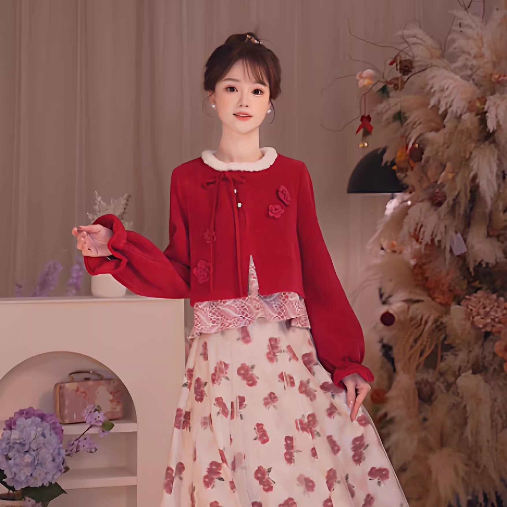 瑶西【山茶红影】冬季新款国风汉元素假两件上衣碎花半裙套装,女装/女士精品,汉服套装,淘宝优惠券,粉丝福利购,淘宝优惠卷