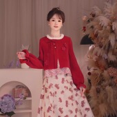 素假两件上衣碎花半裙套装 瑶西 新款 国风汉元 山茶红影 冬季