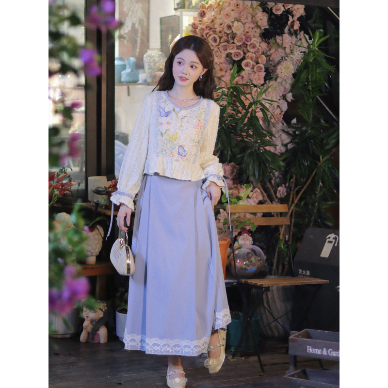 瑶西【蓝蝶飞舞】巨好看的早秋裙子国风汉服新中式两件套装