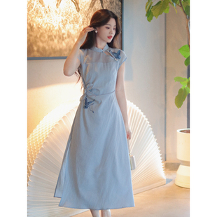 瑶西 连衣裙 云山晓 蓝色刺绣收腰立领女夏长裙出游汉服新中式