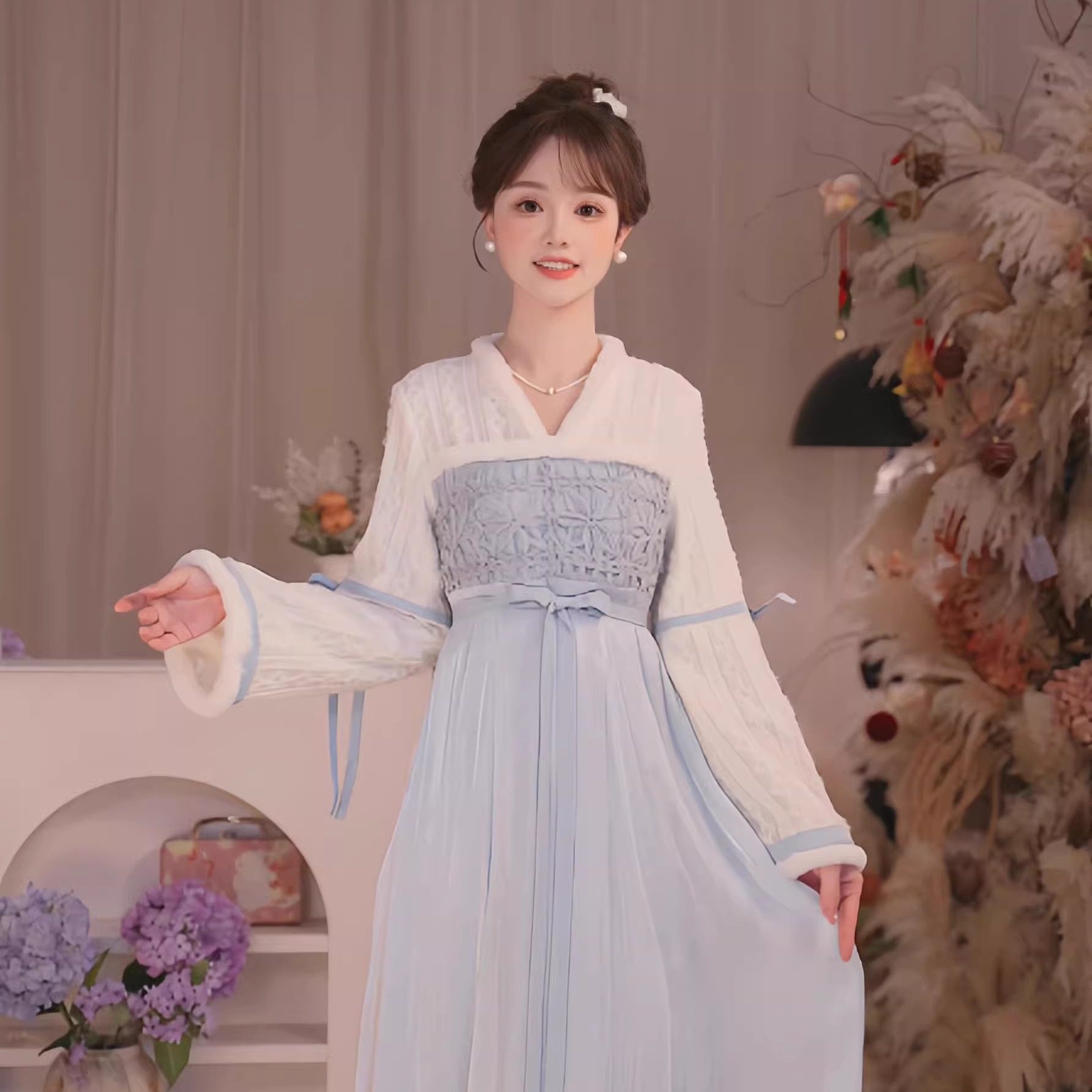 瑶西【清蓝琉光】冬季新款国风仙气天青色改良汉元素女连衣裙,女装/女士精品,汉服套装,淘宝优惠券,粉丝福利购,淘宝优惠卷