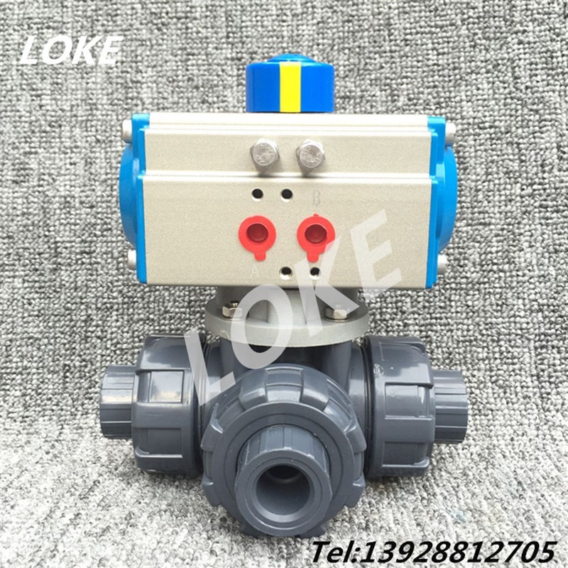 AQ624F10S UPVC气动三通球阀耐酸碱气动pvc三通球阀dn15 dn50