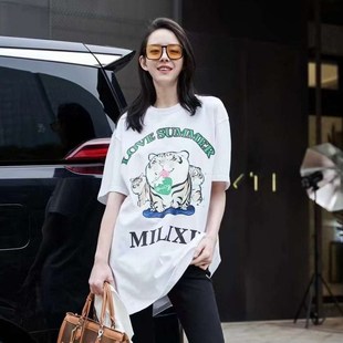 新 百搭休閑鉛筆裙P尤緹2023夏季 TI黑色貪吃虎印花中長T恤裙女
