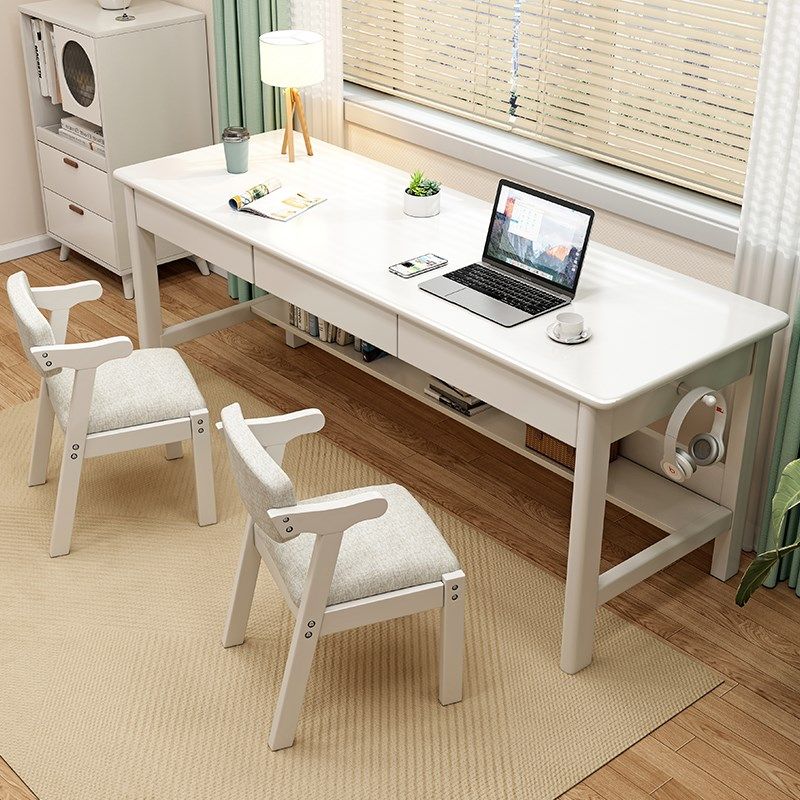 书桌实木长条桌子靠墙简约现代家用双人学习写字桌办公台式电脑桌