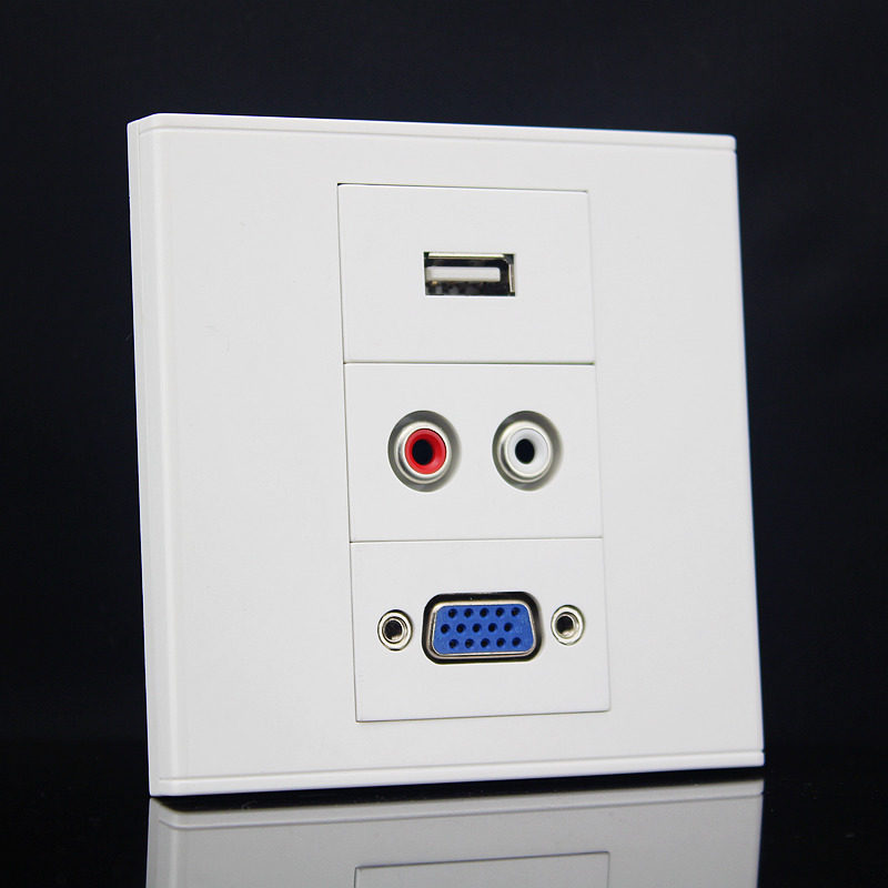 86型免焊接VGA+2.0USB+AV音频莲花插座面板 多媒体墙插电脑面板