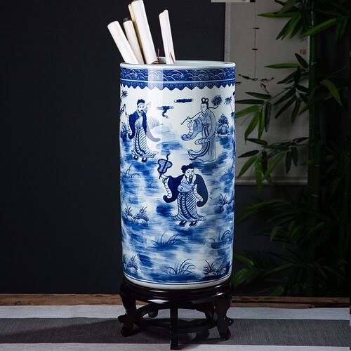 景德镇陶瓷青花瓷八仙图箭筒剑筒收纳卷轴缸书画缸落地花瓶书房大