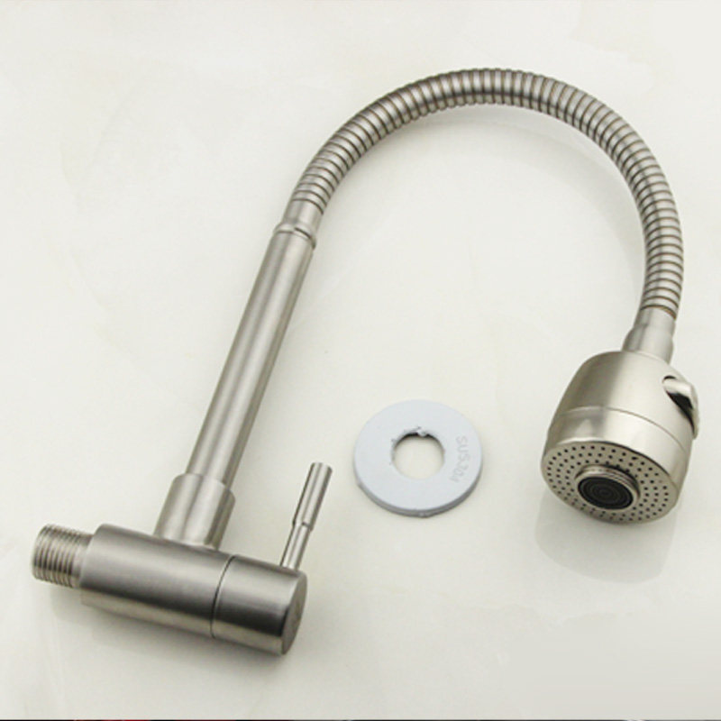 304不锈钢厨房入墙式水龙头单冷洗菜盆洗碗池阳台墙壁式万向龙头