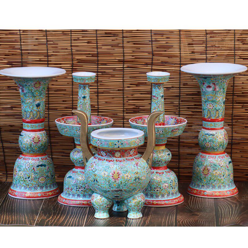 景德镇黄底五彩佛堂神像五供瓷器摆件香炉花觚烛台寺庙神像摆件绿