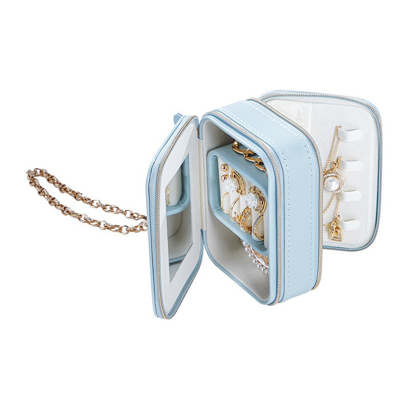 耳钉专用c收纳盒双层便携拉链首饰盒带镜子防尘盒小巧旅行饰品整