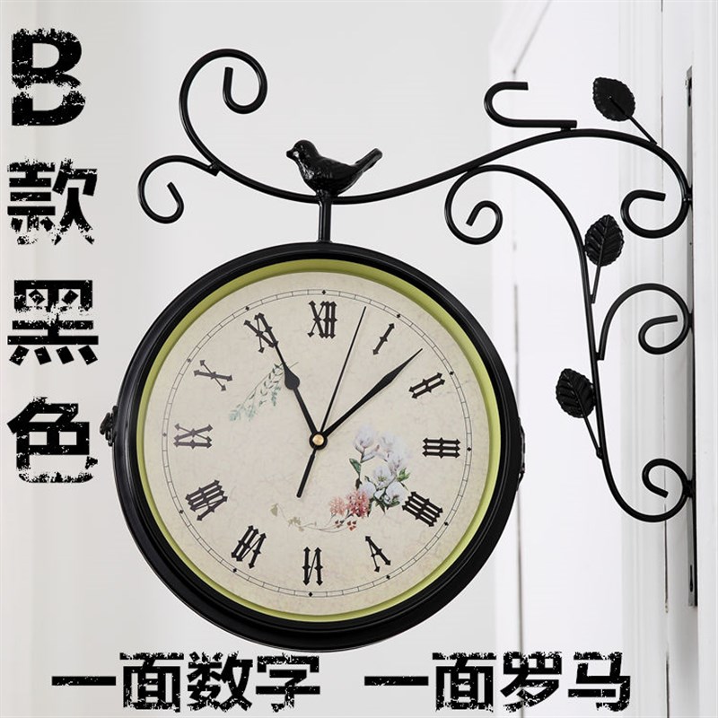田园双面客d厅静音挂钟 铁艺简约装饰创意两面钟表 复古石英钟