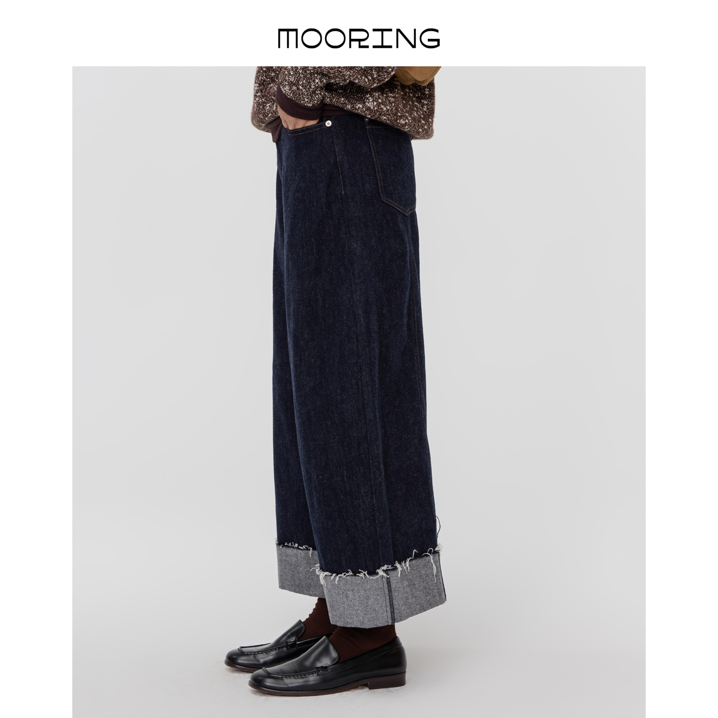MOORING泊 翻边撞色羊毛混纺牛仔裤宽松九分阔腿直筒裤
