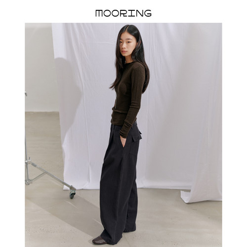 MOORING泊 26秋棉麻直筒阔腿裤压褶垂感显瘦休闲百搭长裤女