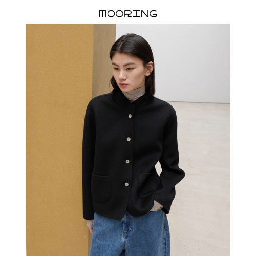 MOORING泊 复古绵羊毛羊绒双面呢短外套手工暗缝小立领毛呢大衣