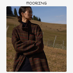 MOORING泊 英伦复古立领圣诞红格纹双面呢大衣宽松显瘦外套女