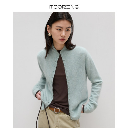 MOORING泊 桑蚕丝羊绒混纺半高领拉绒开衫落肩显瘦针织衫秋冬毛衣