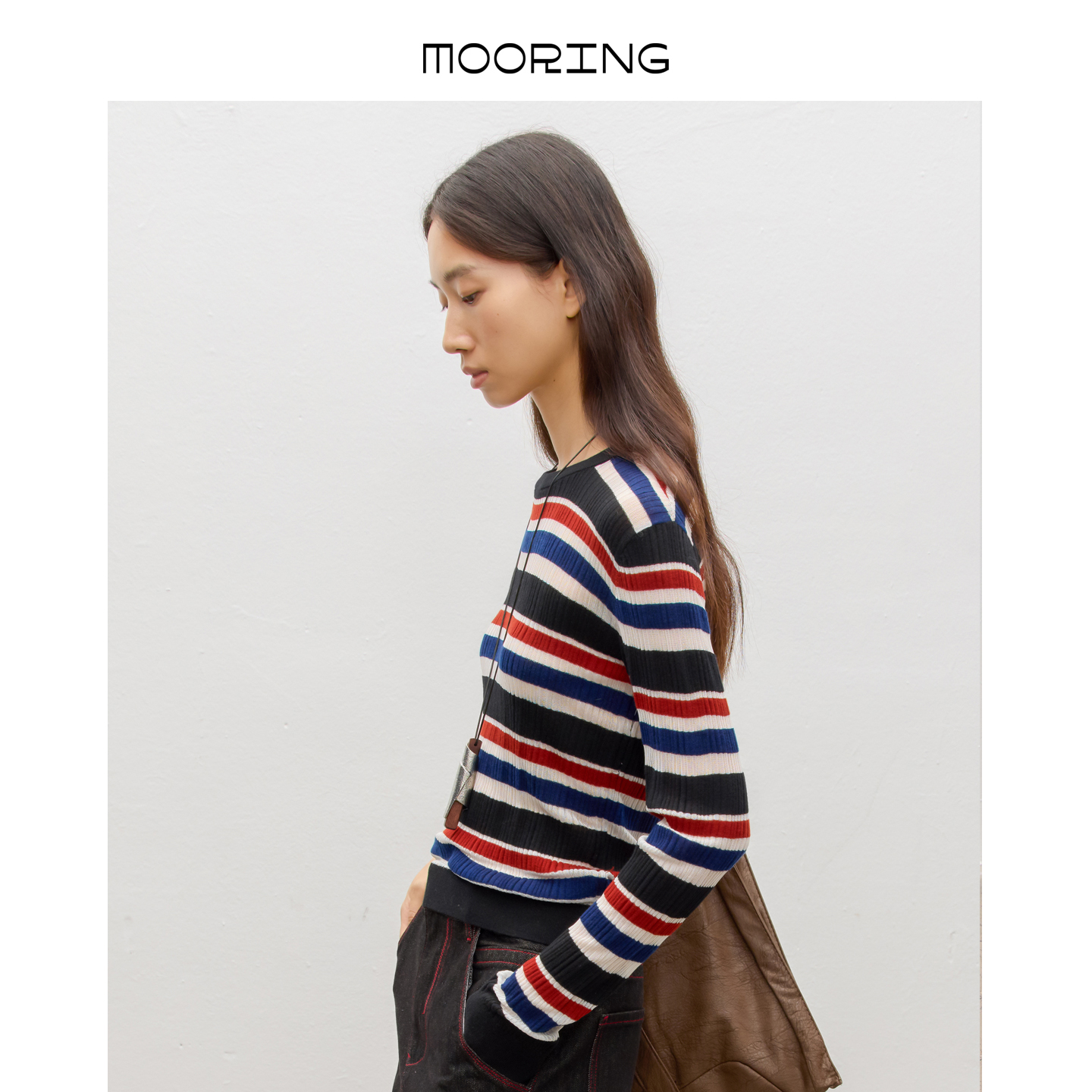 MOORING泊25早秋穿搭条纹针织衫圆领修身长袖上衣简约打底衫显瘦