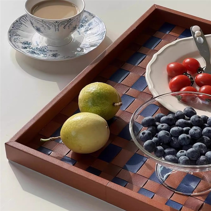 高颜值轻奢编织皮革托盘进门钥匙首饰摆件香薰蜡烛长方形收纳茶盘