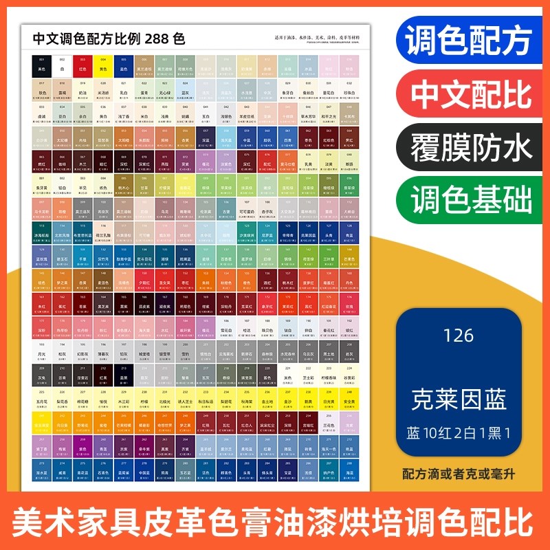 调色卡配方比例家具维修皮衣具革色粉油漆色浆膏美术288调色配比
