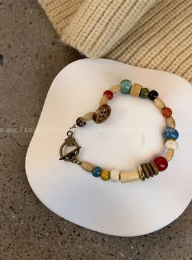 新中式彩色民族风花朵串s珠项炼 覆古国潮木头陶瓷锁骨炼时尚项饰