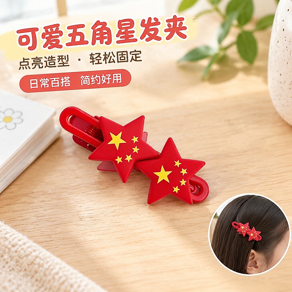 中国红五角星树脂刘海夹
