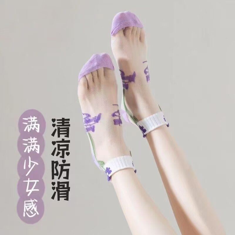 玻璃丝水晶袜子女士ins潮夏季薄款甜美透明短袜花朵丝袜超薄船袜