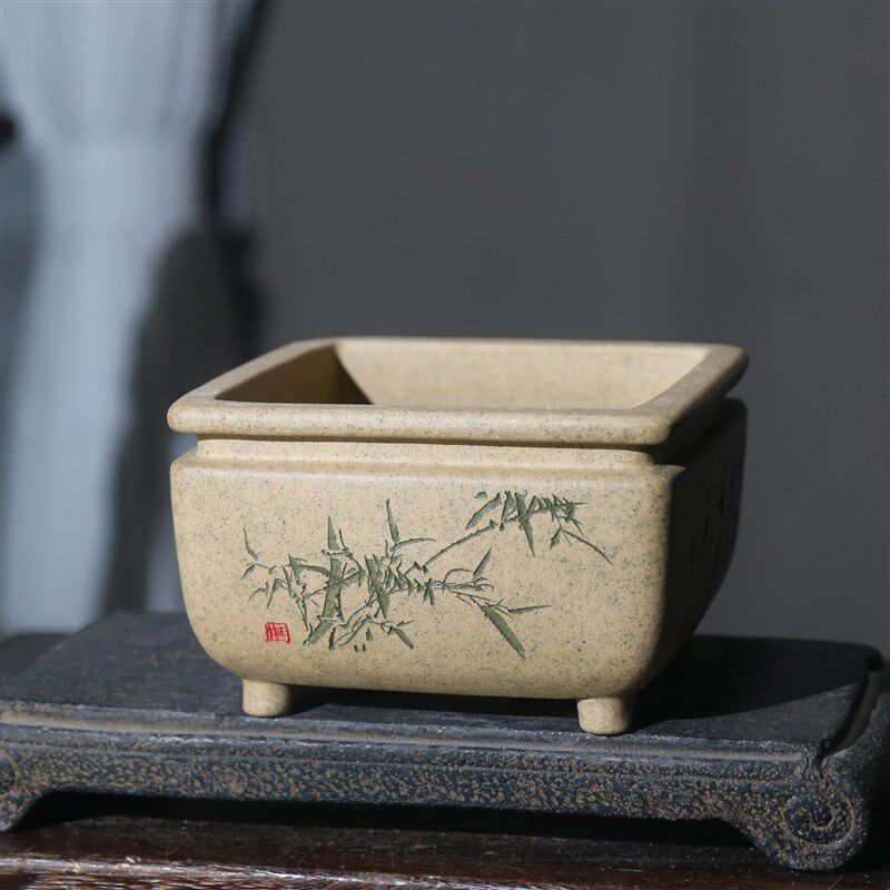 紫砂花盆四方正方形桌面手工盆景盆客厅桩子陆文梅制竹子花鸟刻绘