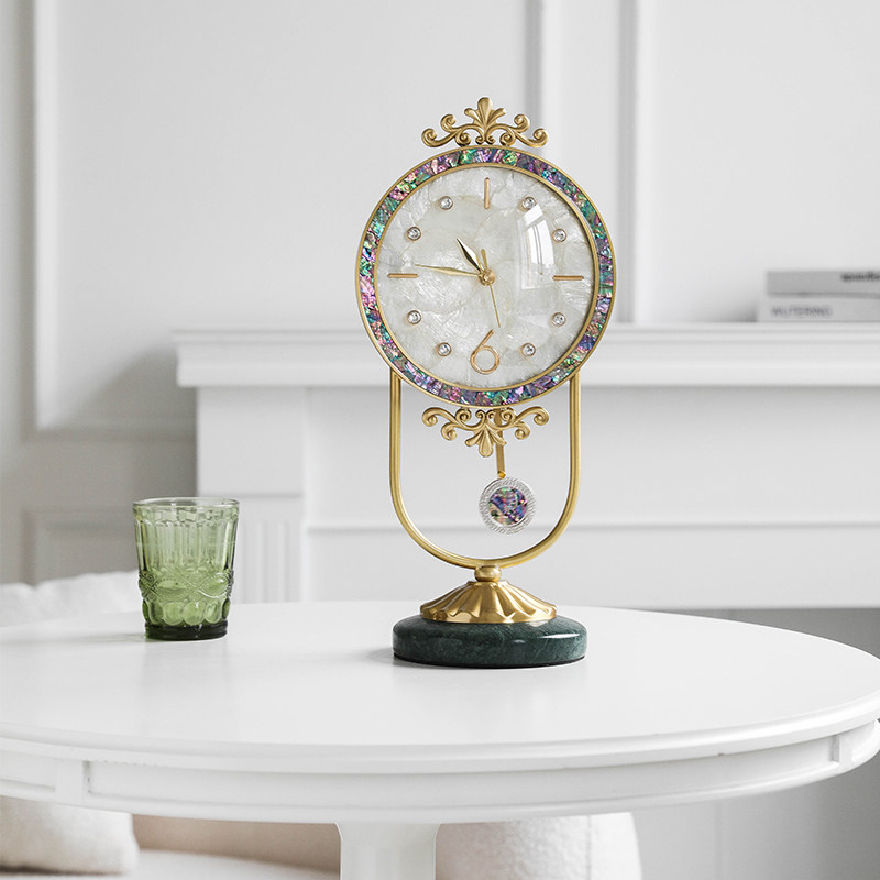 轻奢炫彩贝壳黄铜摆钟高级感家用桌面静音座钟时尚台式装饰摆饰,床上用品,蚊帐,淘宝优惠券,粉丝福利购,淘宝优惠卷