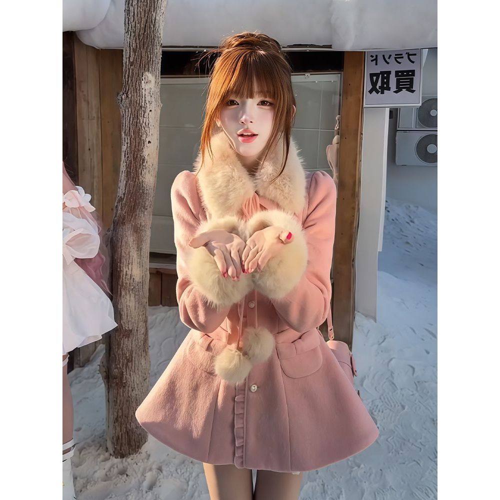 【蜜桃初雪】小个子千金氛围感毛领毛呢大衣收腰A字摆甜美外套裙,女装/女士精品,毛呢外套,淘宝优惠券,粉丝福利购,淘宝优惠卷