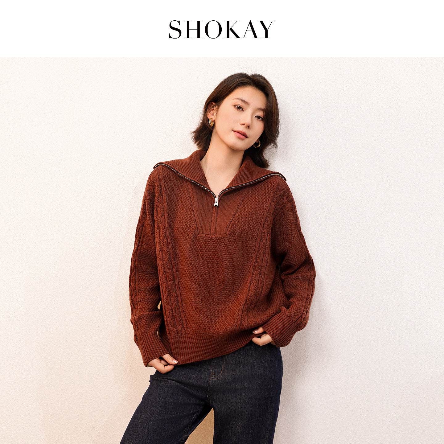 SHOKAY绣嘉 【草原】翻领绞花套衫牦牛绒绵羊毛混纺冬季旗舰店