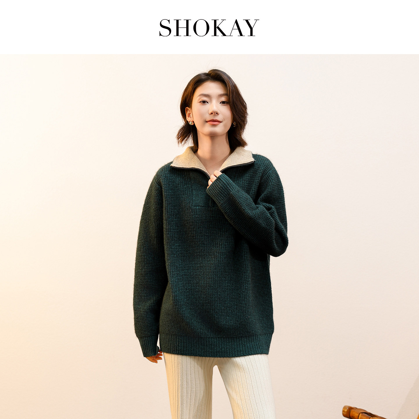 SHOKAY绣嘉【100%牦牛绒】针织套衫半高领翻领宽松男女情侣旗舰店