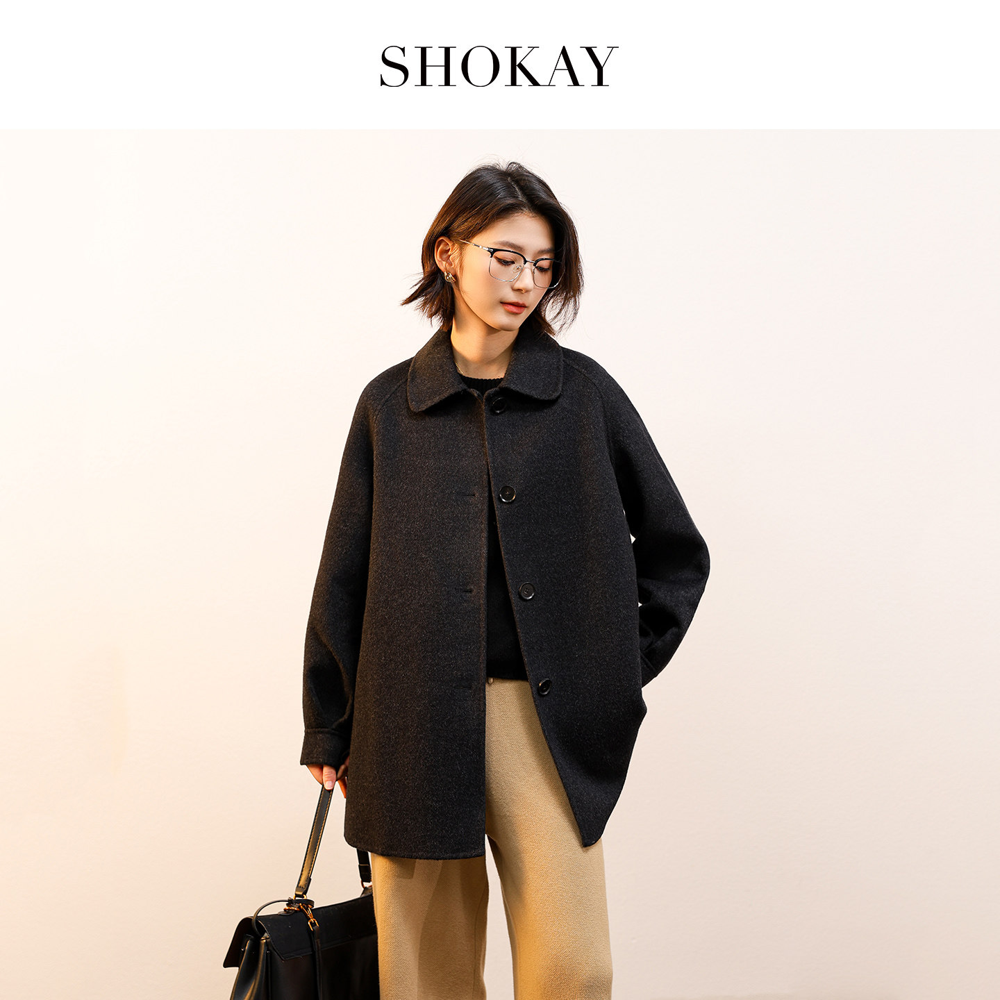 SHOKAY绣嘉【100%牦牛绒】双面呢大衣翻领女中长款宽松毛呢外套