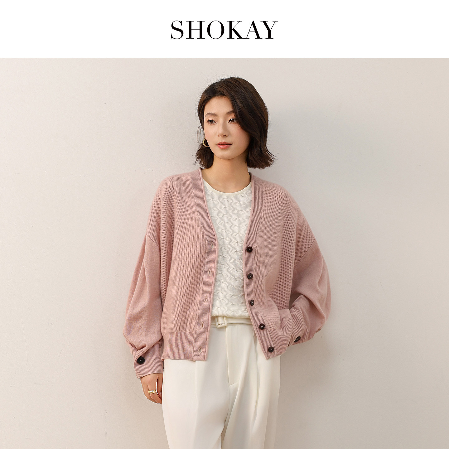 SHOKAY绣嘉【草原】V领褶裥灯笼袖牦牛绒针织春开衫旗舰店