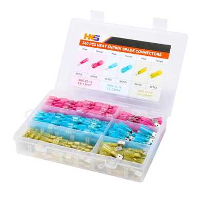 HKS 260PCS 铲形连接器套件 - 公母端子 - 热收缩电气快速断开电