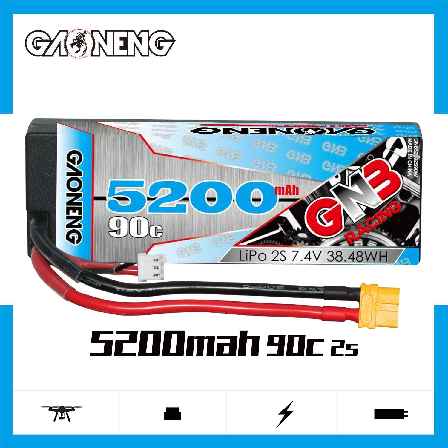 GNB高能5200mAh 2S 7.4V 90C遥控RC模型1/10攀爬车平跑锂电池LiPo