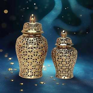 镂空网格陶瓷将军罐子家居摆件装 小花插工艺品 饰轻奢创意软装