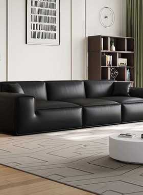 夏图大黑牛真皮沙发意式极简客厅小户型现代轻奢直排黑色三人沙发
